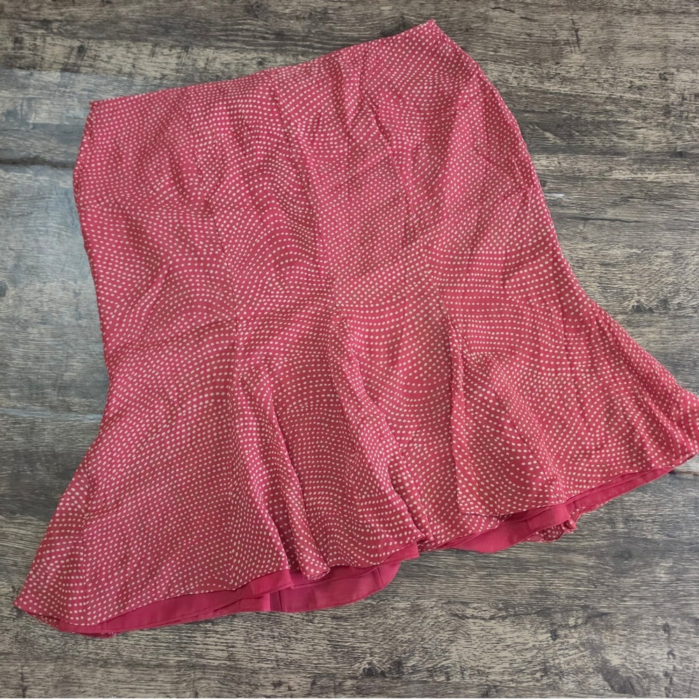 ADRIANNA PAPELL Silk Skirt Women 14 Red Polka Dot Mermaid Flounce Hem Midi